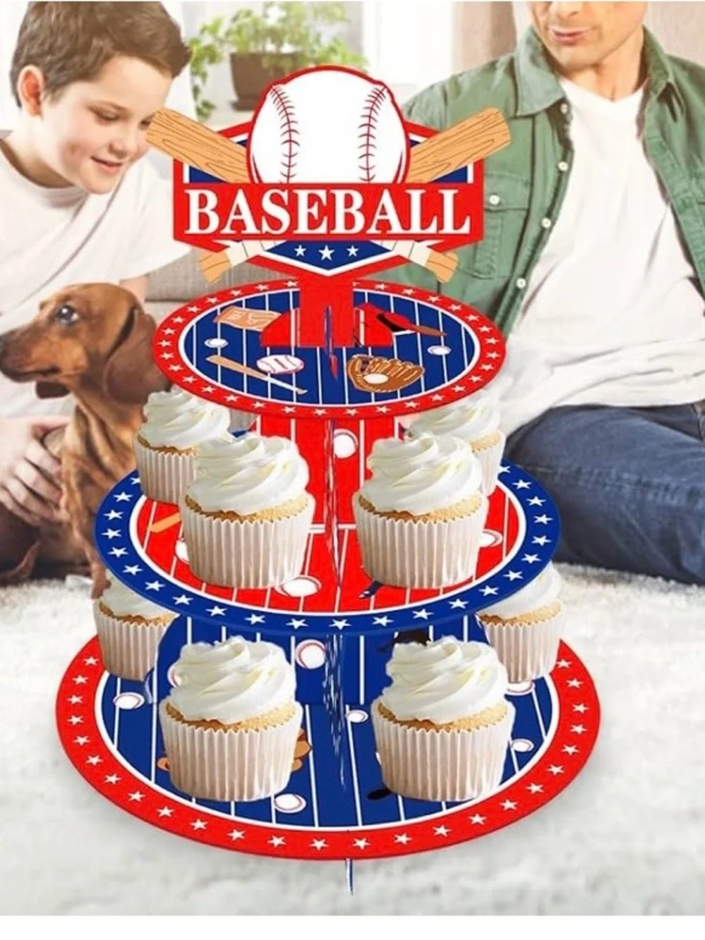 NWT Baseball Theme  3 Tier Cupcake Stand Desserts Cookies Parties Birthdays etc